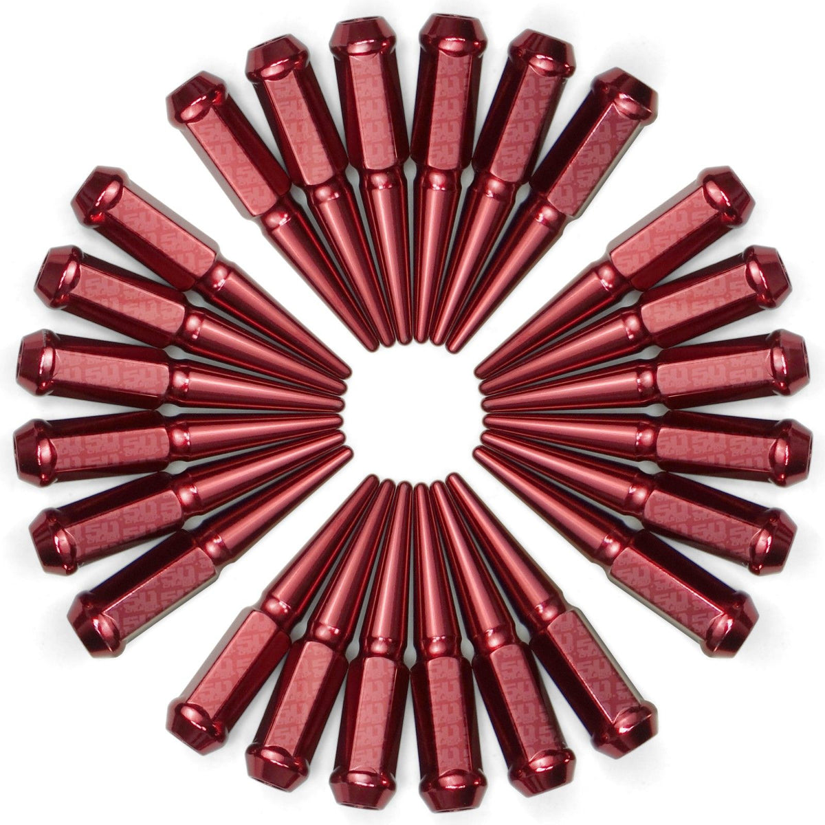 Red | 1/2 Inch Extended Spike Lug Nuts - Acorn Taper - 50 Caliber Racing - Pack of 24 For 6 Lug Vehicles - Red