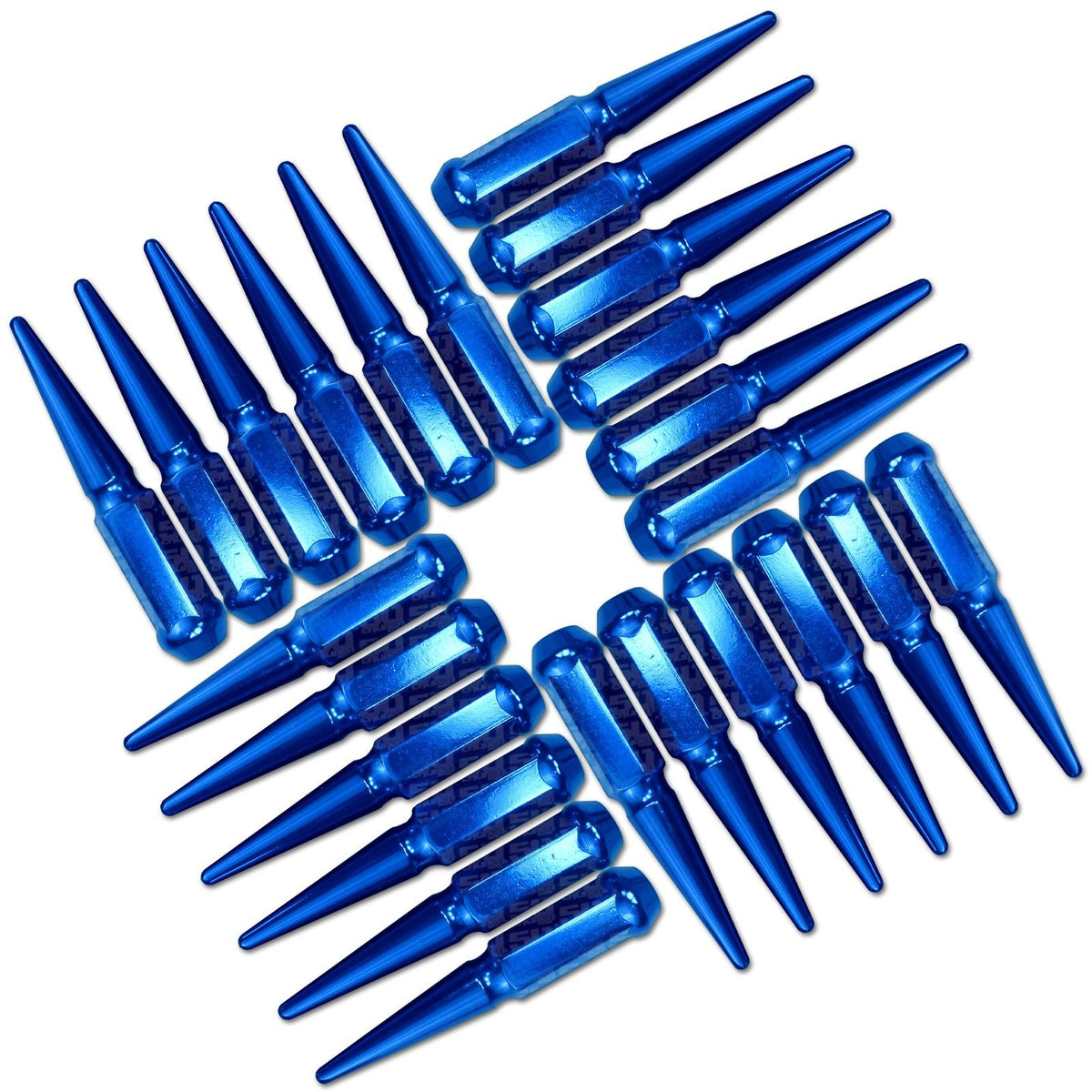 Blue | 1/2 Inch Extended Spike Lug Nuts - Acorn Taper - 50 Caliber Racing - Pack of 24 For 6 Lug Vehicles - Blue