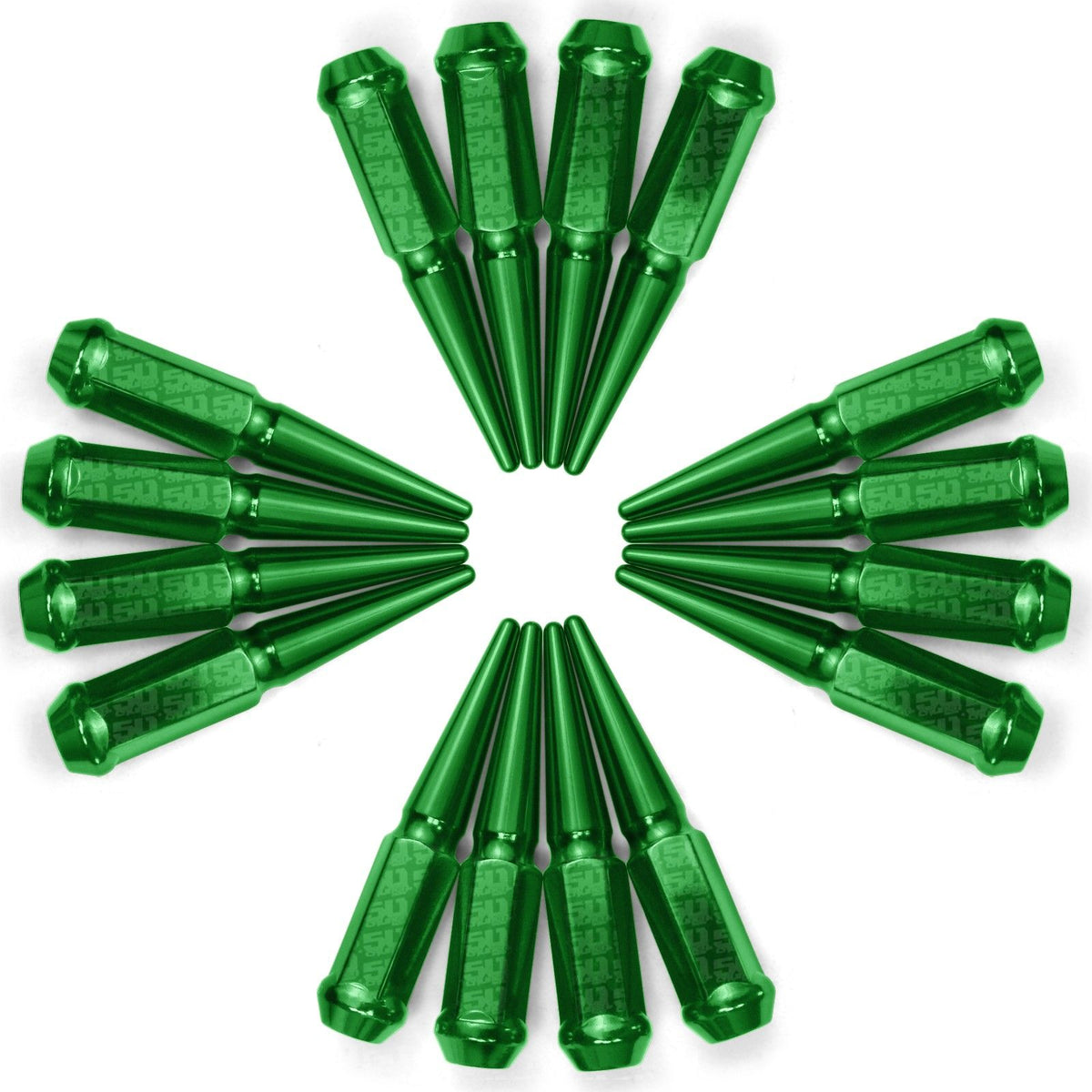 Green | XP1000 Spike Lug Nuts - 50 Caliber Racing - Pack of  16 with Extended Socket Key - Green