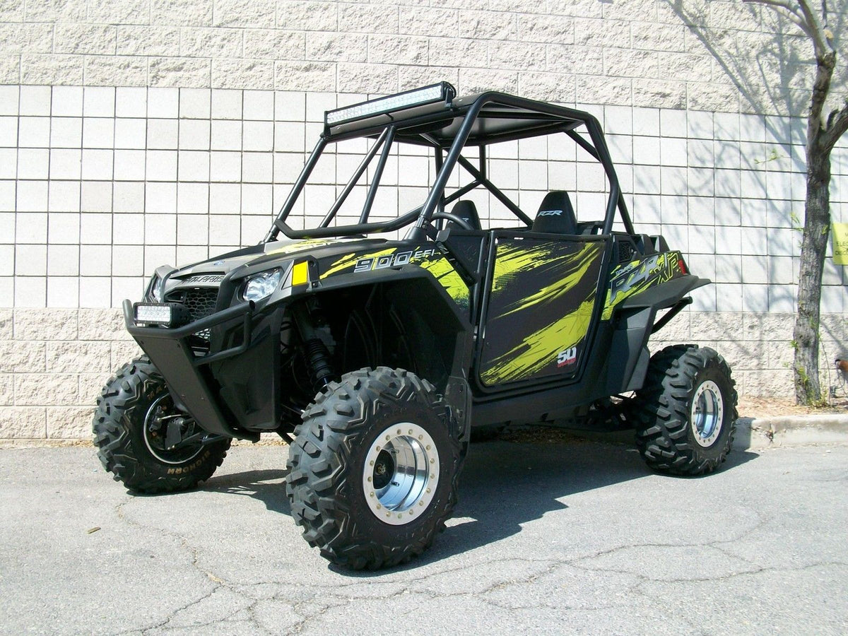 Polaris RZR 570 800 XP 900 Tubular Front Bumper with Skidplate | 50 Caliber Racing RZR Front Bumper - Black Powdercoat frame with White Aluminum Skidplate and Light Bar Tabs