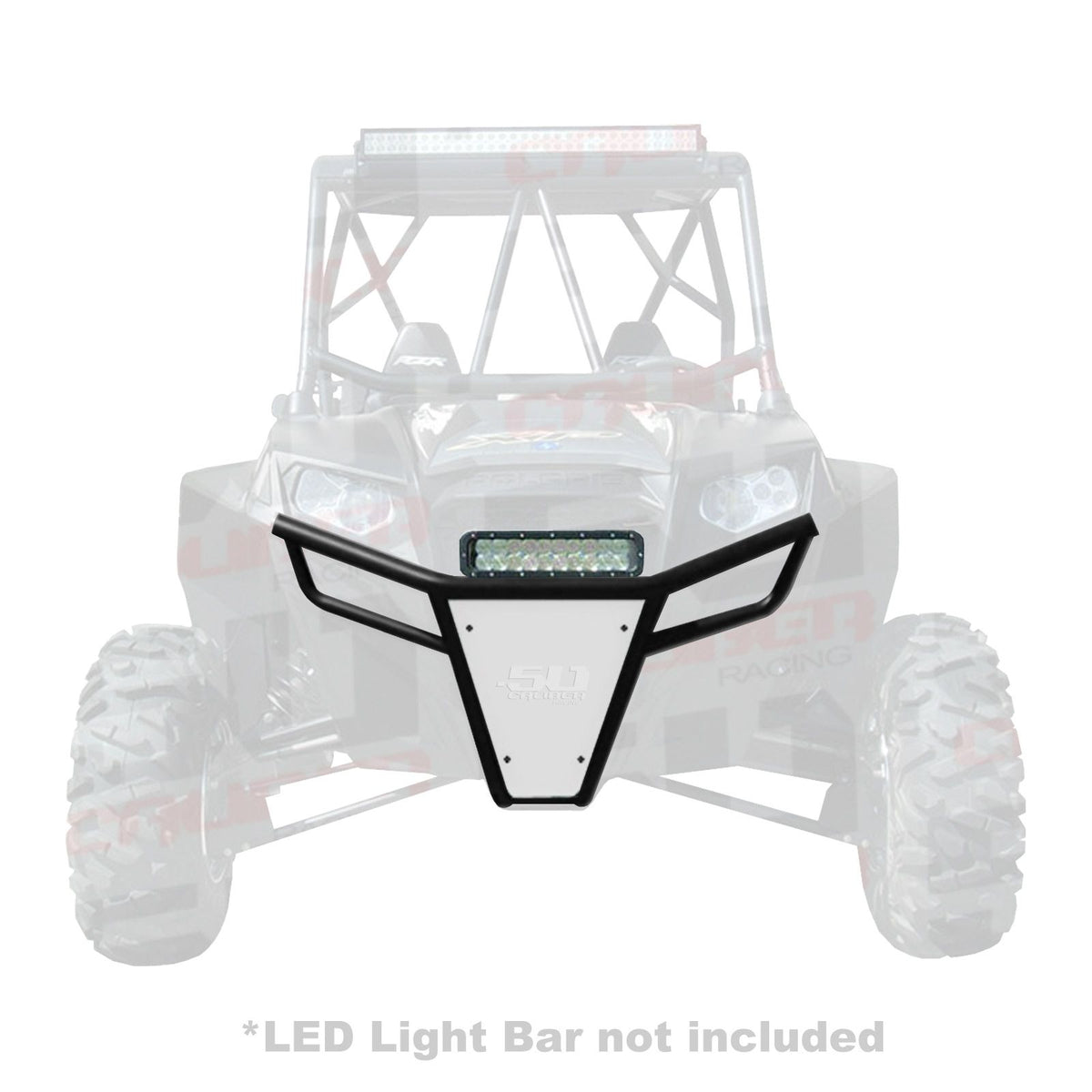 Polaris RZR 570 800 XP 900 Tubular Front Bumper with Skidplate | 50 Caliber Racing RZR Front Bumper - Black Powdercoat frame with White Aluminum Skidplate and Light Bar Tabs