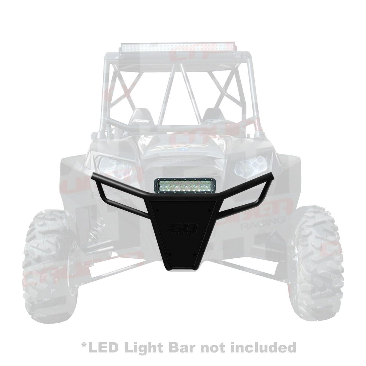 Polaris RZR 570 800 XP 900 Tubular Front Bumper with Skidplate | 50 Caliber Racing RZR Front Bumper - Black Powdercoat frame with Black Aluminum Skidplate and Light Bar Tabs