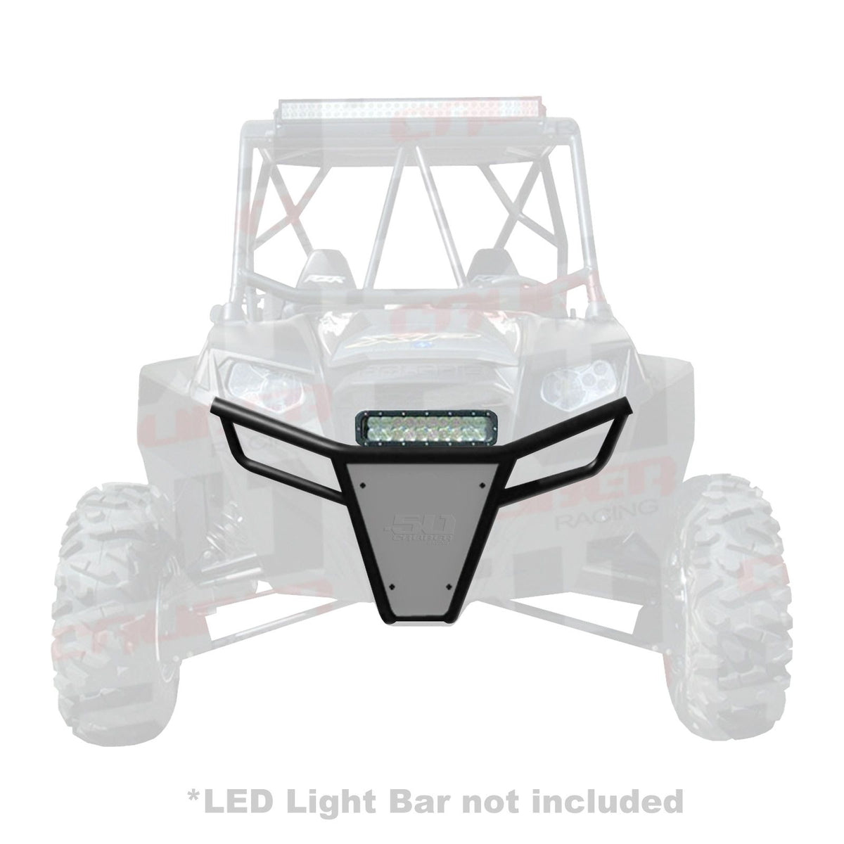 Polaris RZR 570 800 XP 900 Tubular Front Bumper with Skidplate | 50 Caliber Racing RZR Front Bumper - Black Powdercoat frame with Silver Aluminum Skidplate and Light Bar Tabs