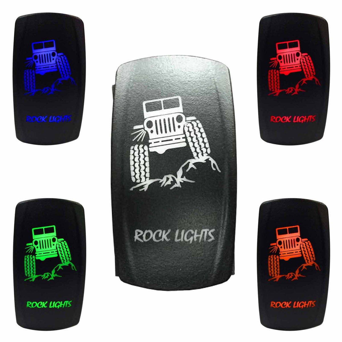 Rock Lights Jeep  - 12V On/Off Rocker Switch Marine Grade | "Rock Lights" with Jeep -  On/Off Rocker Switch Laser Etched Design Waterproof with LED Illumination