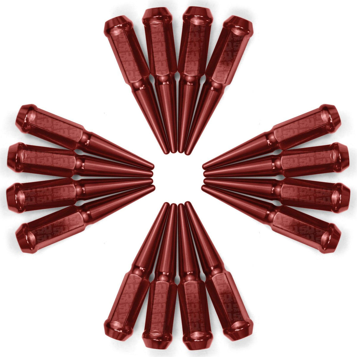 Red | 10x1.25 Extended Spike Lug Nuts - 60 Degree Taper Seat – Set of 16 – Red Finish