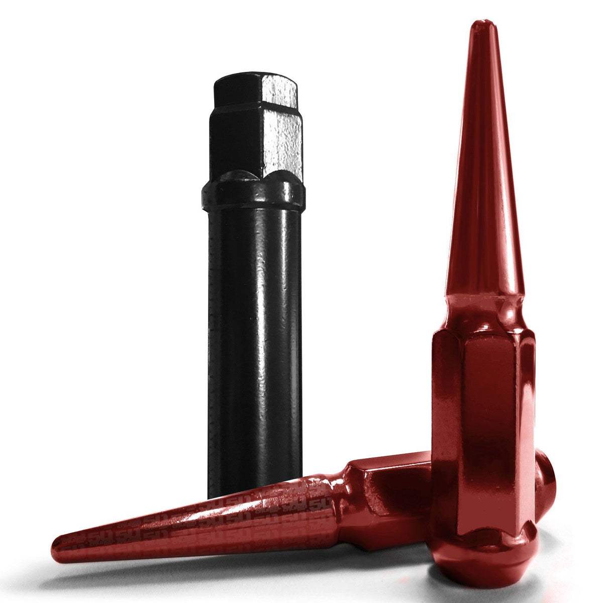 Red | 3/8-24 Extended Spike Lug Nuts - 60 Degree Taper Seat – Includes extra long socket key – Red Finish