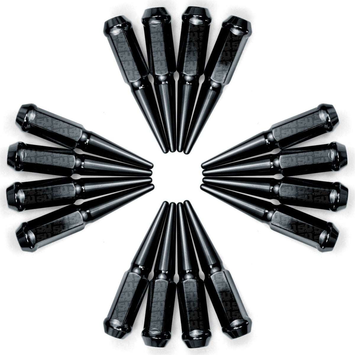 Black | 3/8-24 Extended Spike Lug Nuts - 60 Degree Taper Seat – Set of 16 – Black Finish