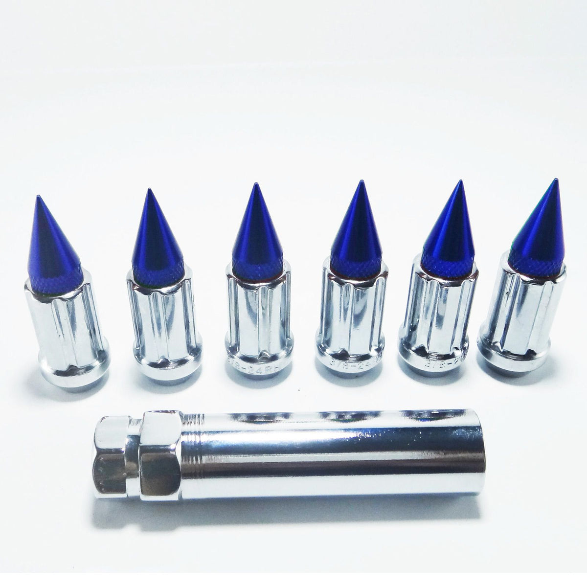 Blue | Tapered Splined Lug Nuts Chrome with Removable Spike  - 12 x 1.25mm Thread Pitch