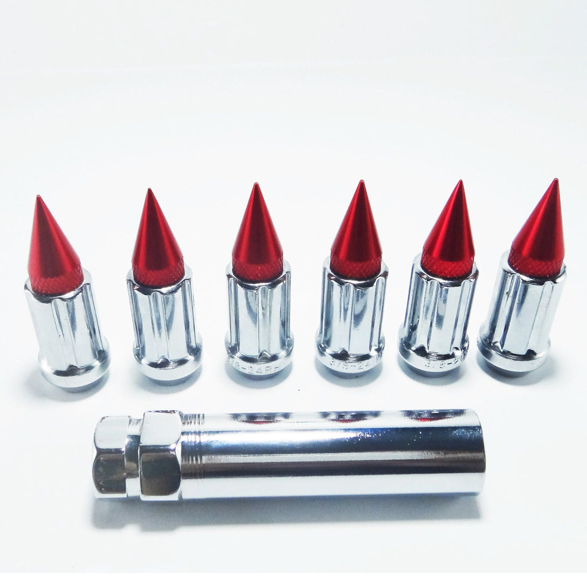 Red | Tapered Splined Lug Nuts Chrome with Removable Spike  - 12 x 1.25mm Thread Pitch