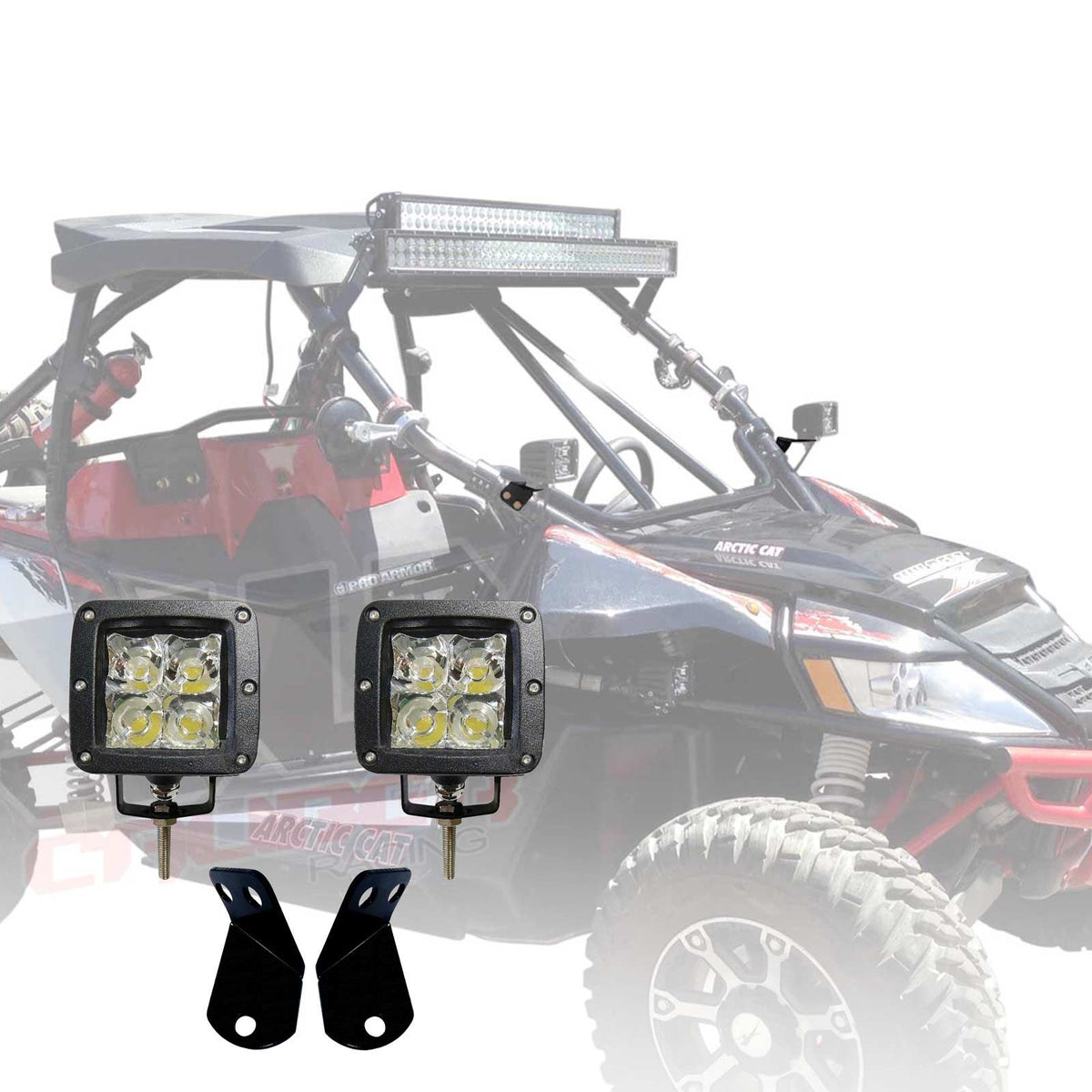  | 2" LED Pod lights with custom A-pillar Mount Brackets for Arctic Cat Textron Wildcat
