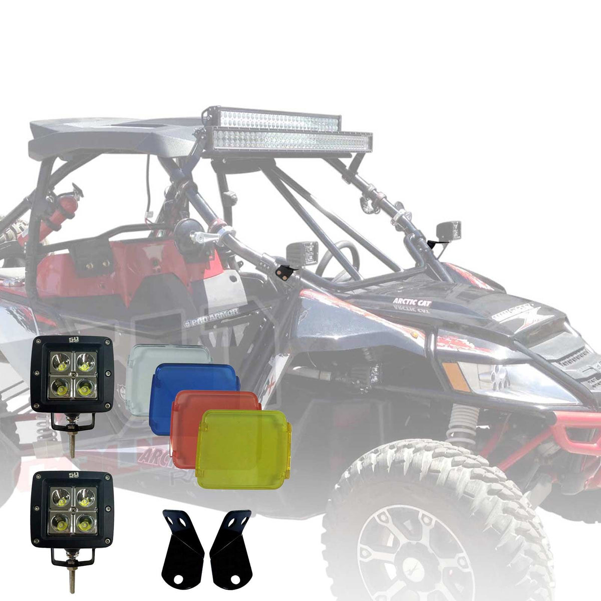  | 2" Multicolor LED Pod lights with custom A-pillar Mount Brackets for Arctic Cat Textron Wildcat