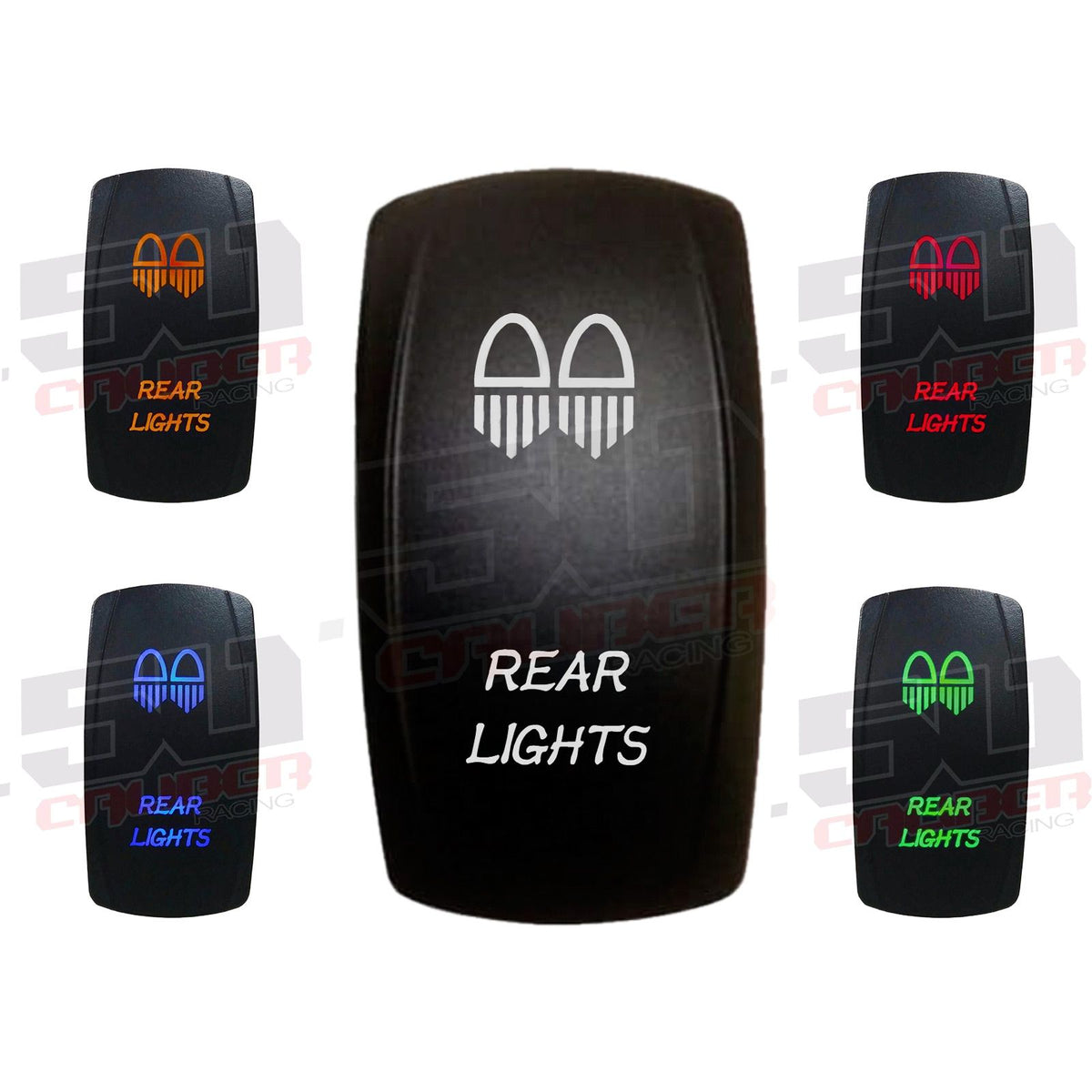 Dual Rear Lights - 12V On/Off Rocker Switch Marine Grade | 12V On/Off Rocker Switch with etched design - "Dual Rear Lights"  with Blue