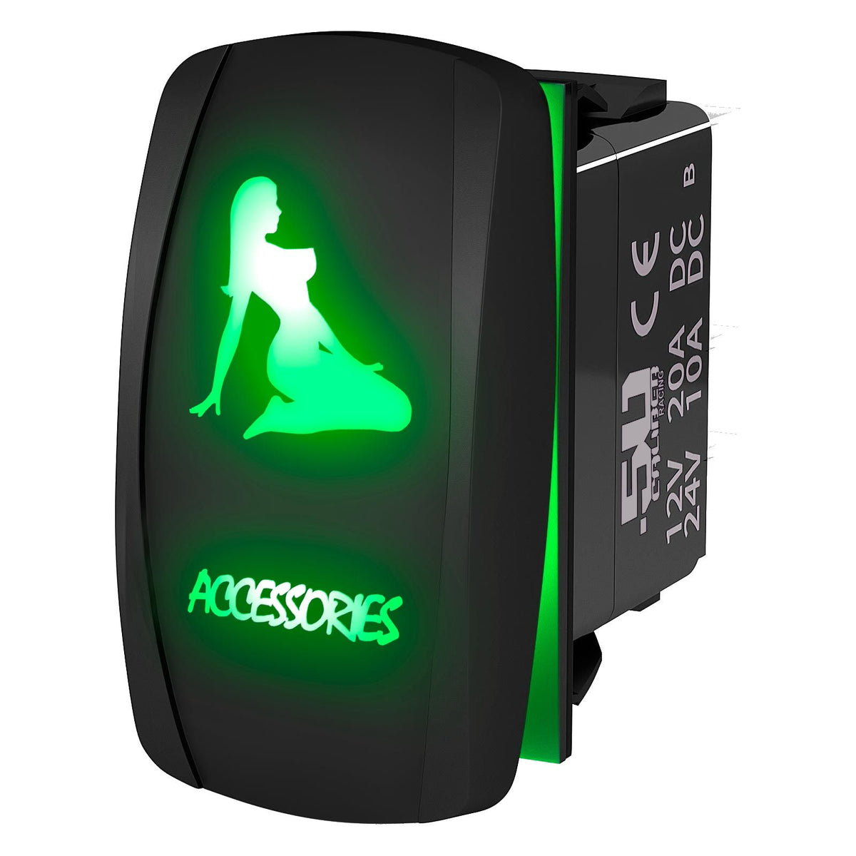 Green | Waterproof on/off rocker switch “Accessories” sexy silhouette design with green LED illumination – carling style 12v utv atv mar