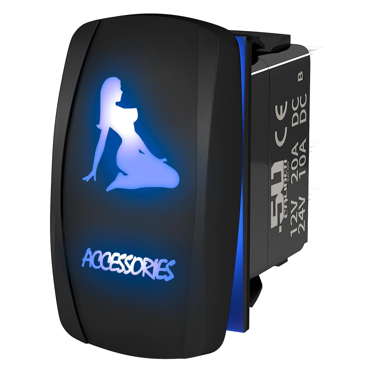 Blue | Waterproof on/off rocker switch “Accessories” sexy silhouette design with blue LED illumination – carling style 12v utv atv mari
