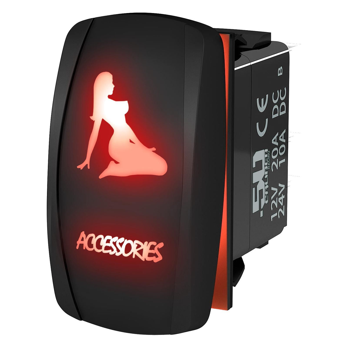 Red | Waterproof on/off rocker switch “Accessories” sexy silhouette design with red LED illumination – carling style 12v utv atv marin