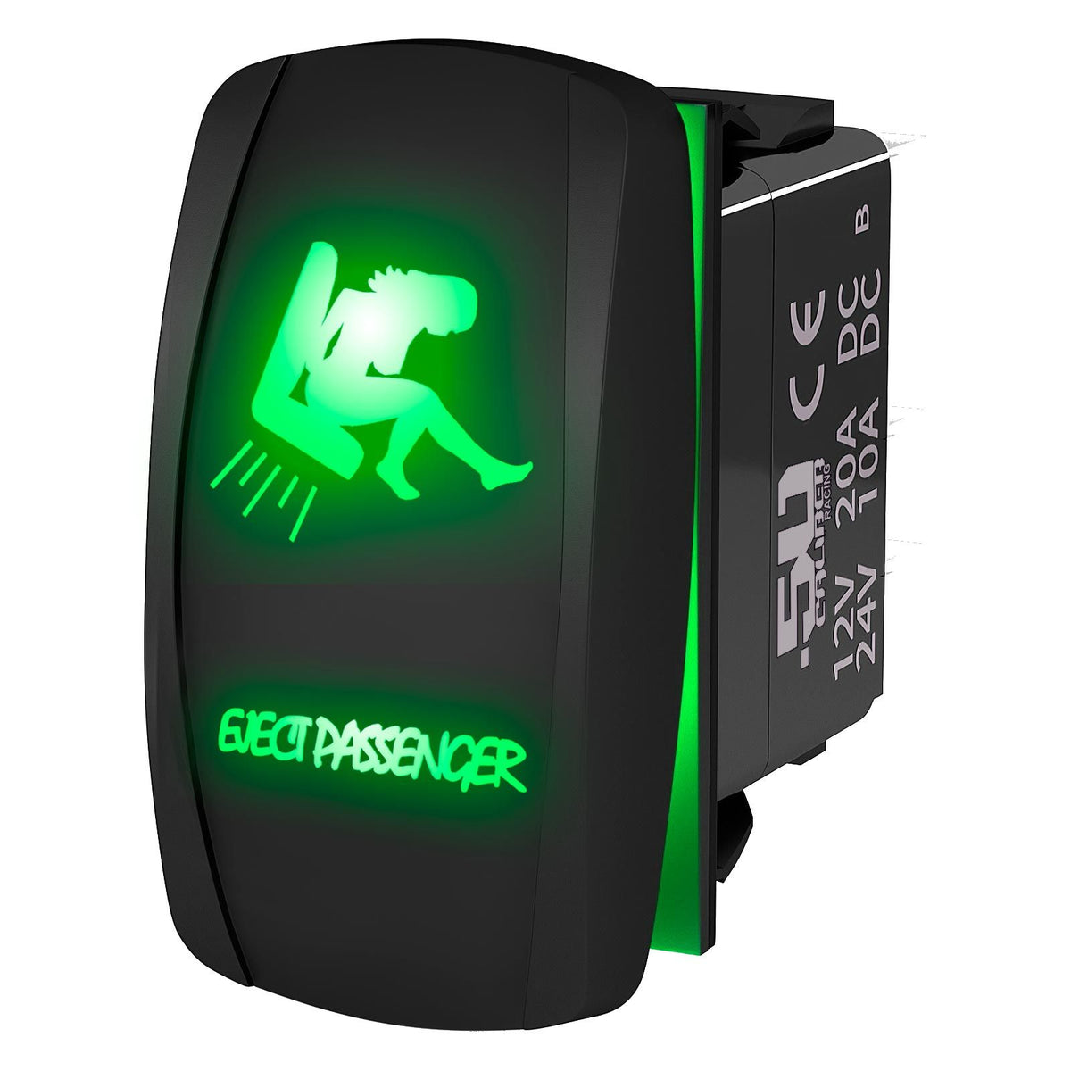 Green | Waterproof on/off rocker switch “Eject Passenger” with green LED illumination – carling style 12v utv atv marine switch
