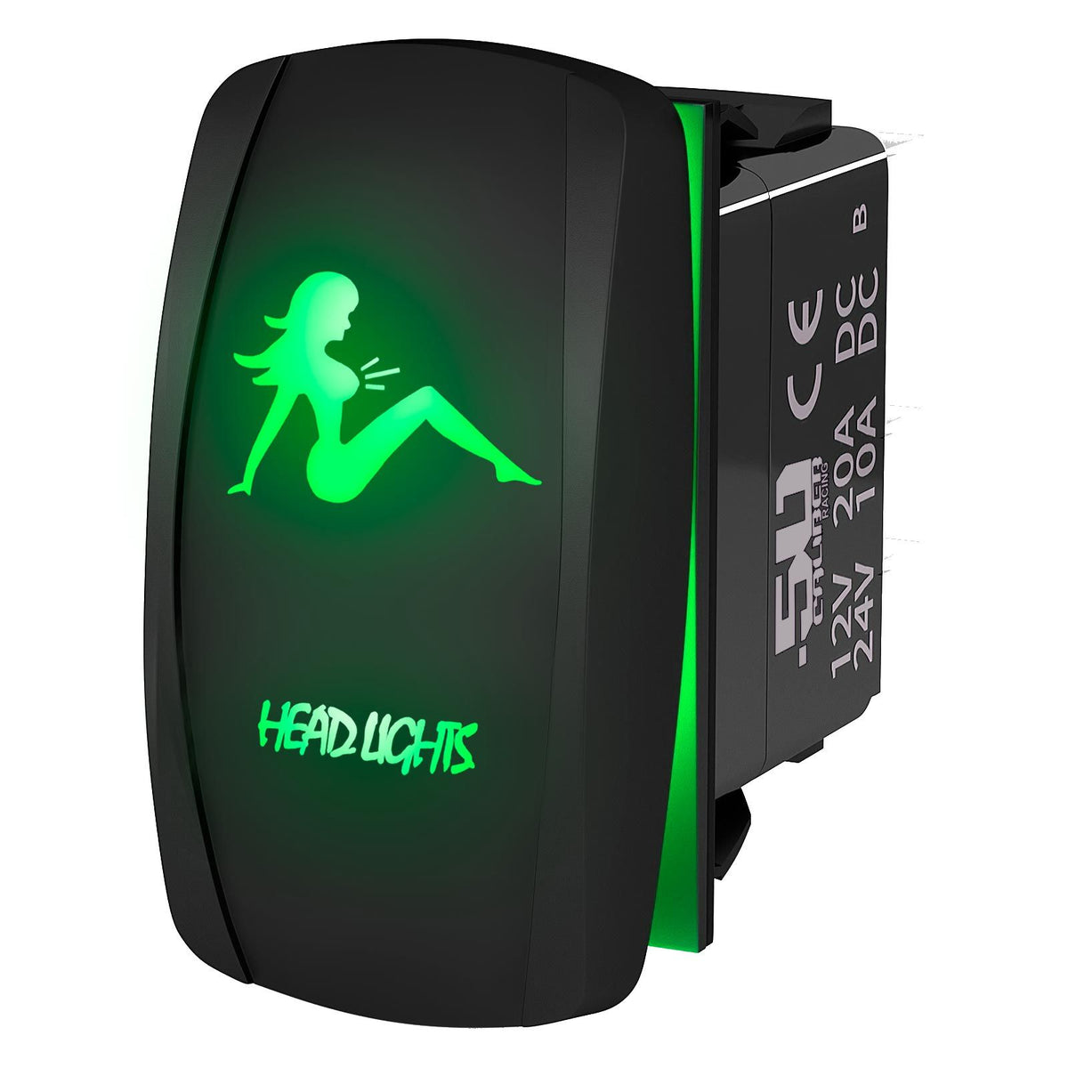 Green | Waterproof on/off rocker switch “Head Lights” with green LED illumination – carling style 12v utv atv marine switch